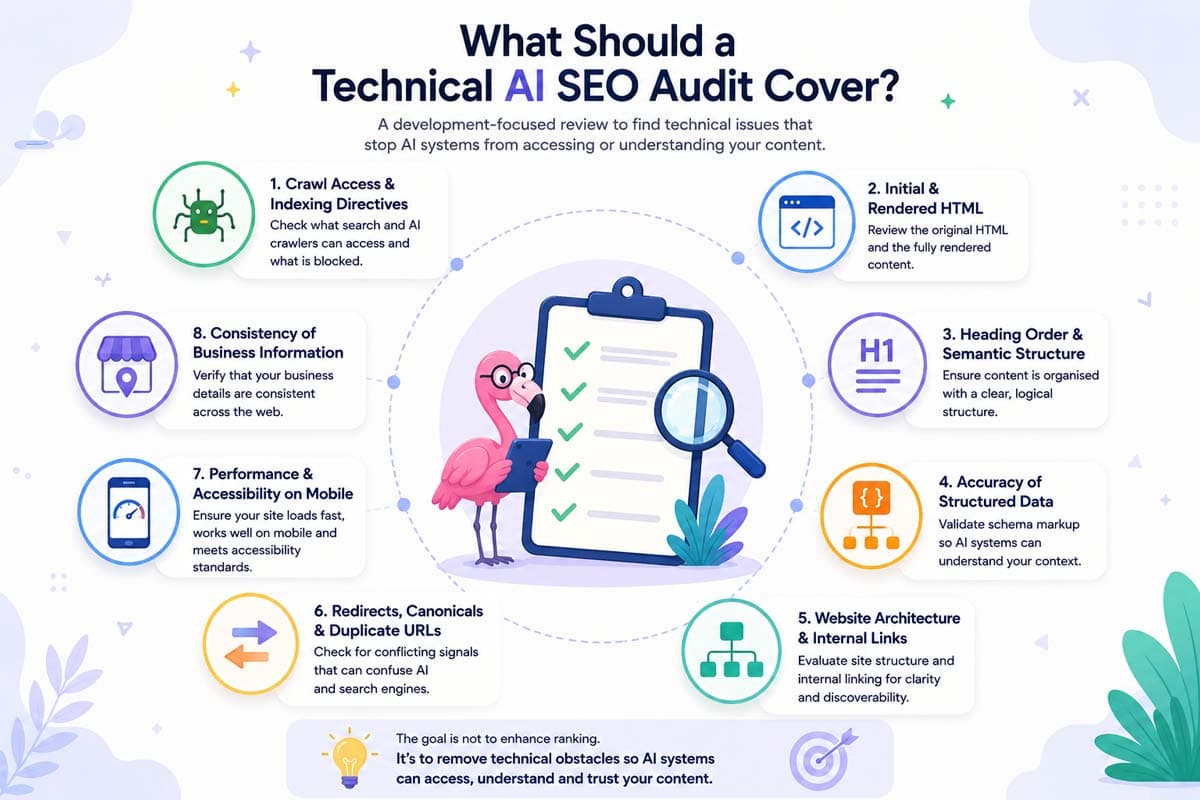 Technical AI SEO audit infographic showing eight review areas: crawl access, rendered HTML, semantic headings, structured data, site architecture, redirects and canonicals, mobile performance, accessibility, and consistent business information.