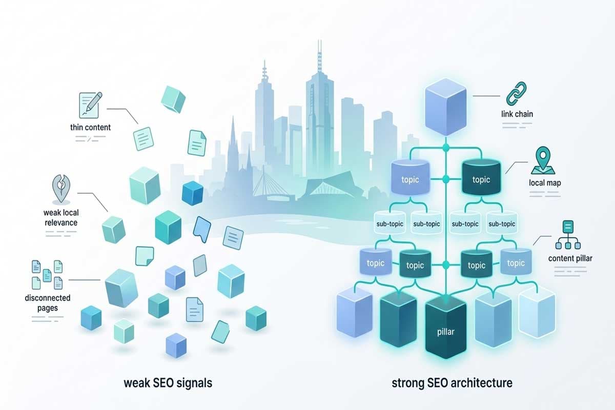 Infographic showing the difference between weak SEO structure and strong website architecture for search rankings