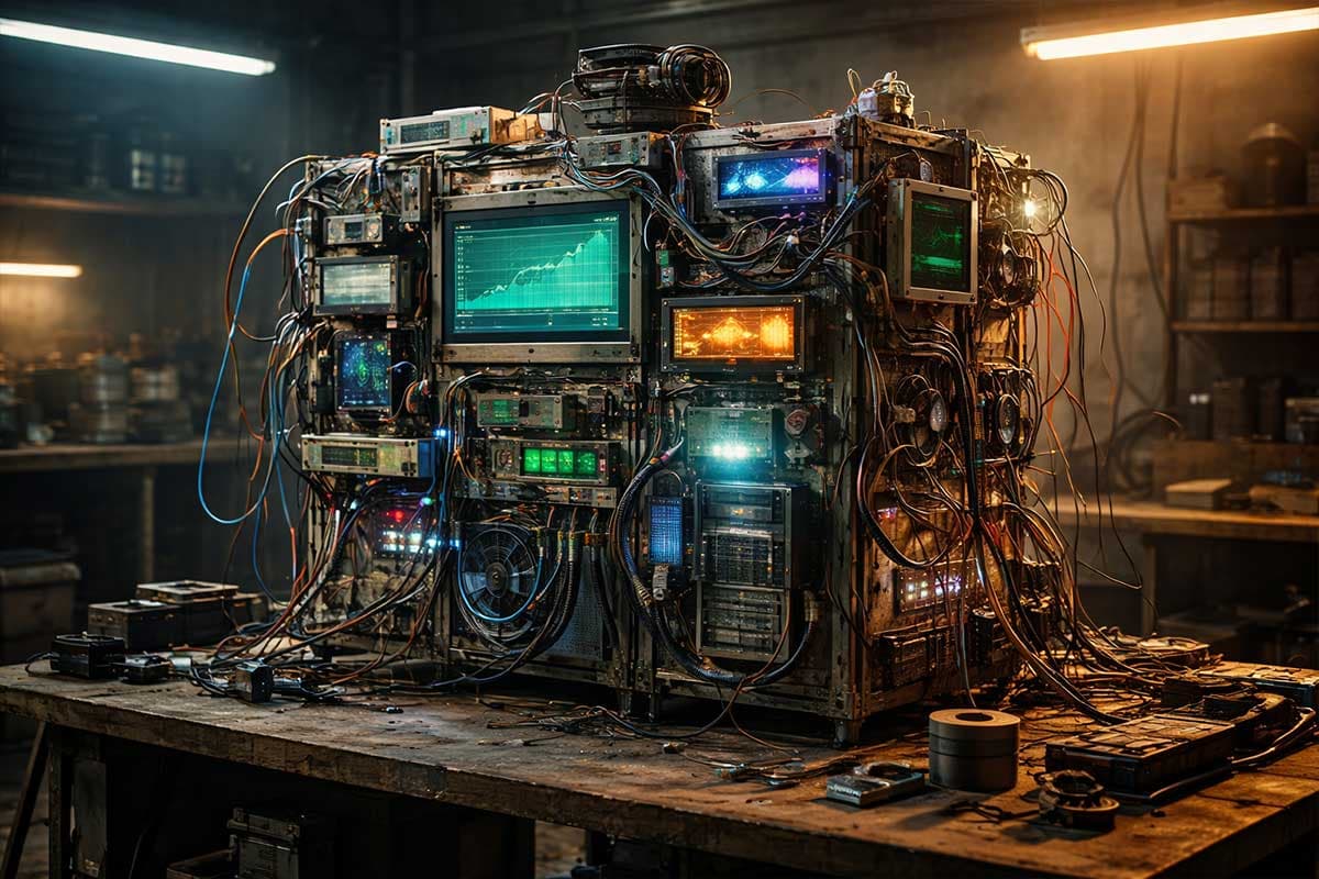 Machine built from many attached components representing a plugin heavy website system