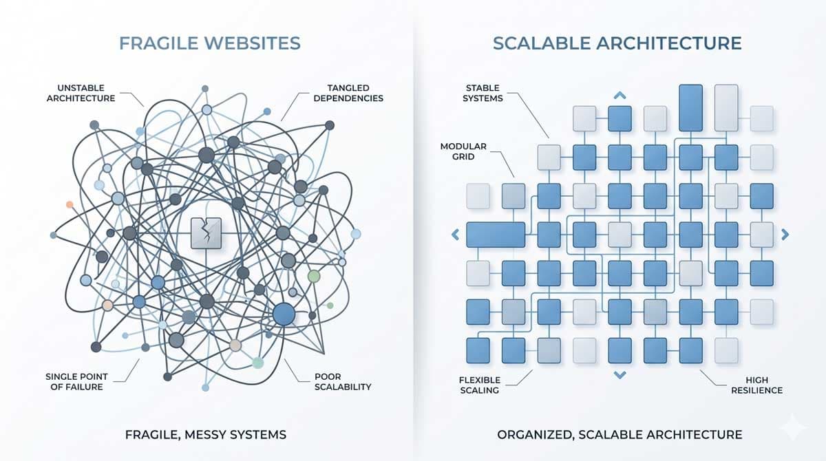 Infographic showing tangled system versus modular architecture representing scalable website infrastructure