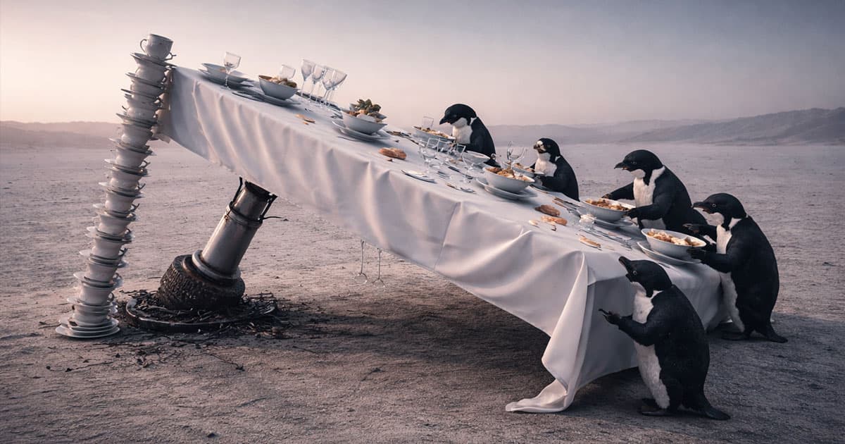 pinguins having dinner on a broken table, a symbol of lost balance