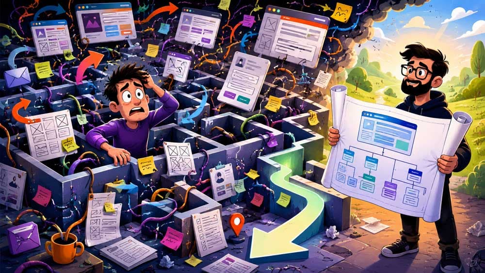 Confused business owner trapped inside a chaotic maze of website wireframes, floating forms, and tangled planning elements while a developer holds a clean website blueprint showing structured planning.