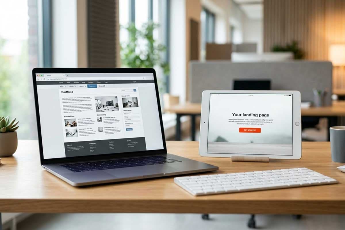 Comparison between a business website and a landing page displayed on digital devices showing the difference between multi page navigation and single conversion focused design