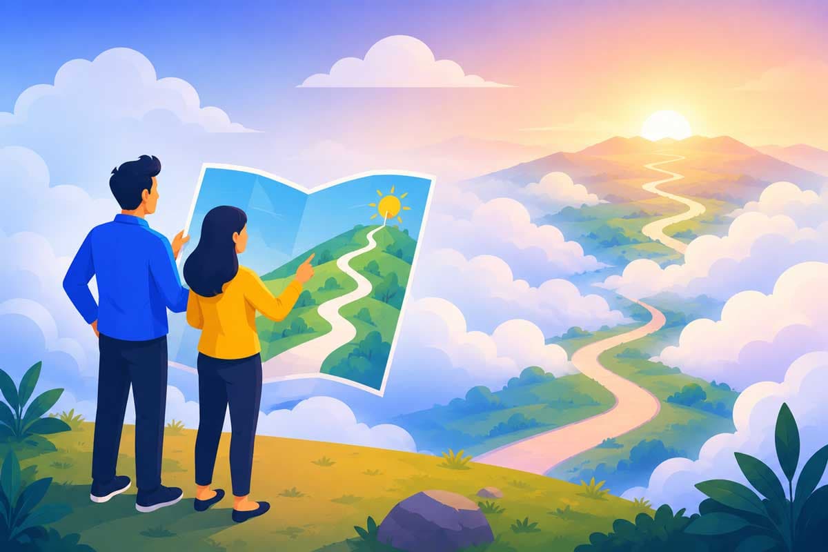 Two business owners reviewing a map before starting a journey, symbolising a website discovery call that helps clarify the path before a project begins.