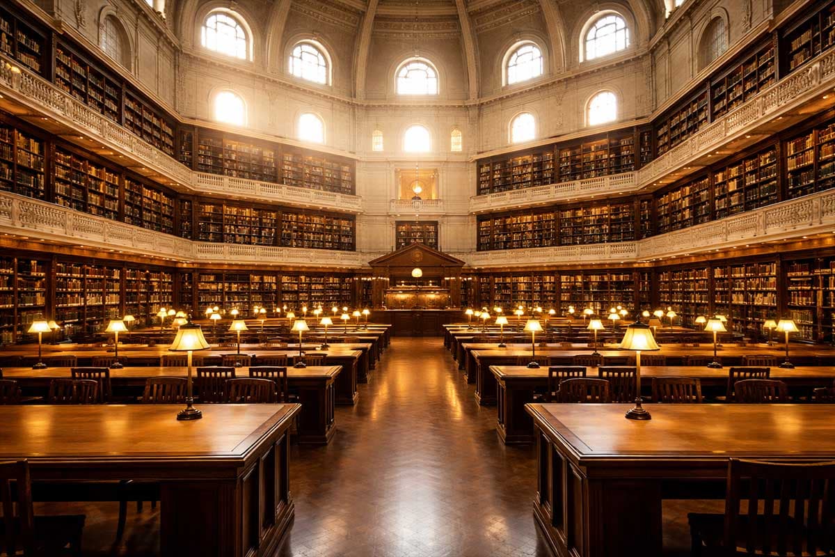 Large historic library interior representing accumulated knowledge and topical authority in SEO