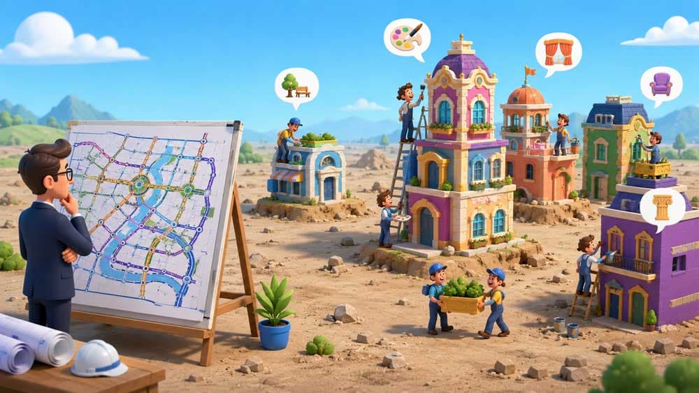 Illustrated city planners organising roads, transport lines, and infrastructure on a giant blueprint before buildings are constructed, representing website structure planning before design.