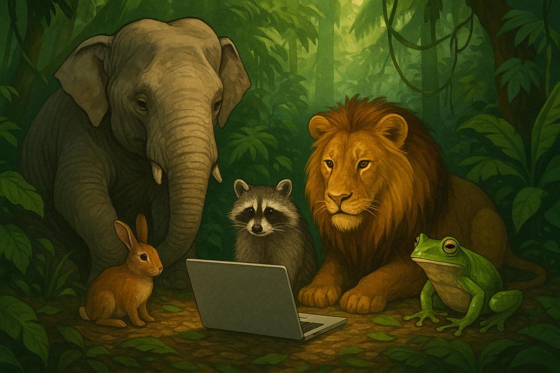 some animals in a jungle are working with a laotop