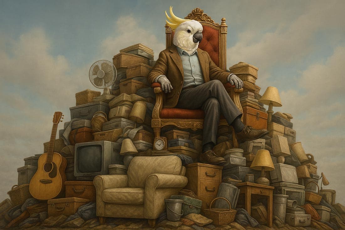 a parrot sitting on his throne on a pile of stuff