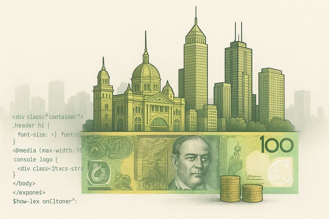Australian dollar with codes written around it to show the matter of web development salary and living cost in Melbourne
