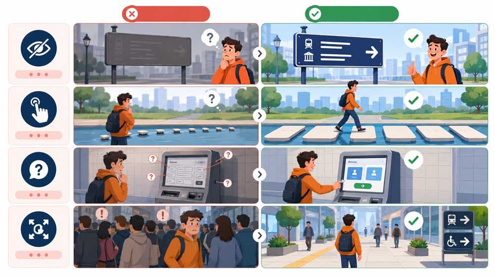 Stylised infographic showing common website accessibility problems as urban usability obstacles including unreadable signs, crowded pathways, confusing navigation points, and inaccessible interaction areas.