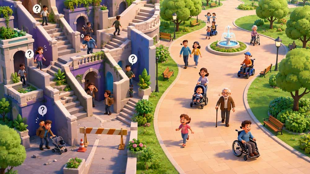 Illustration showing architects presenting a visually impressive but impractical building while people struggle to navigate the space comfortably compared to a simpler accessible building nearby.