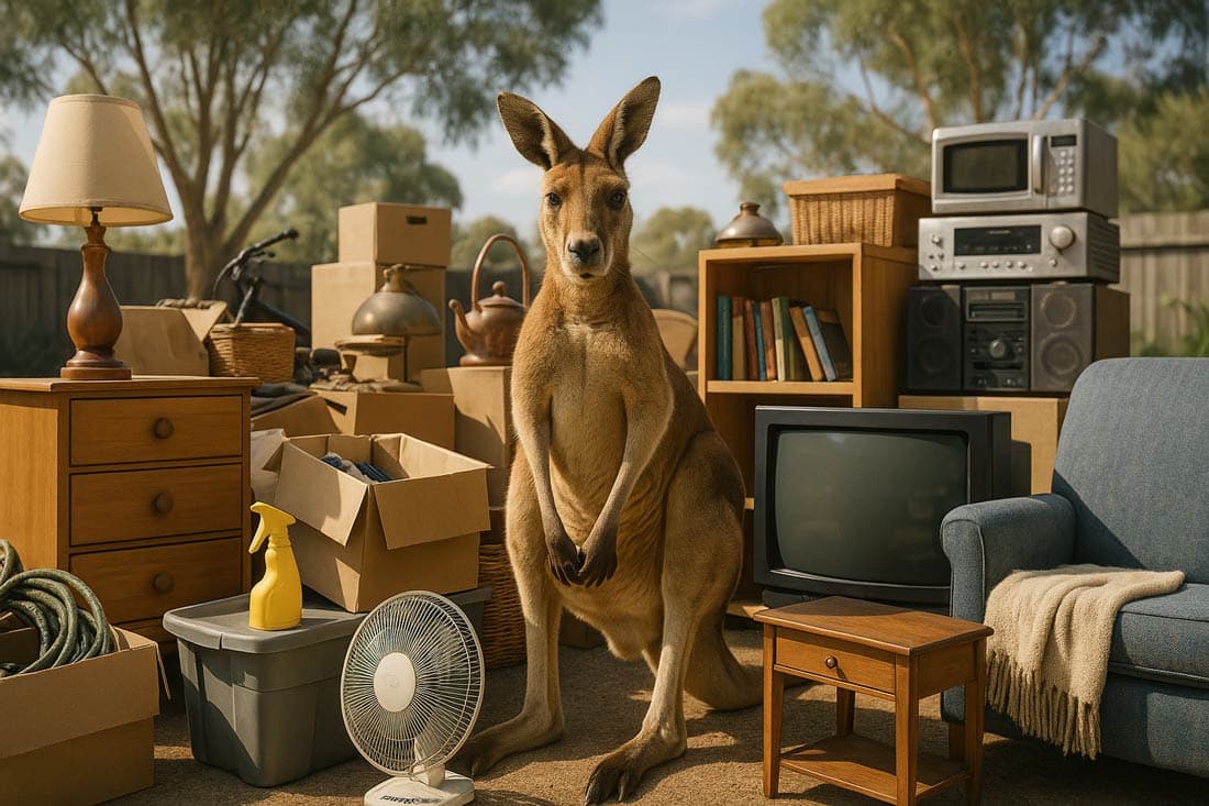 A kangaroo trying to sell some second hand stuff