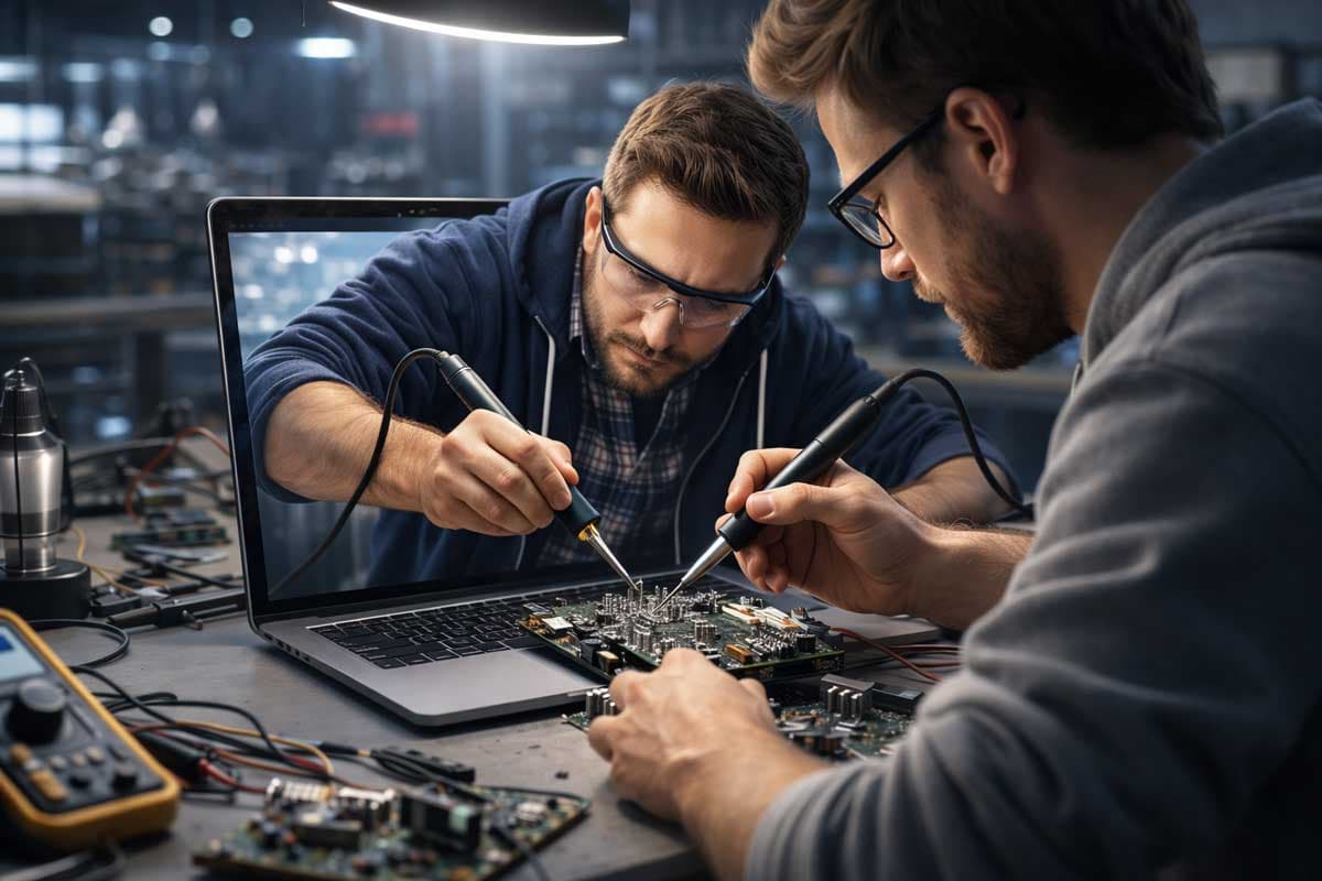 two engineers working on a hardware from afar via videocall